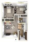 Two bedroom apartment 3D floor plan layout at Huntington Place Apartments, Essexville