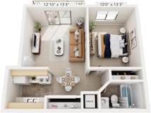 One Bedroom One Bath 3D Floor Plan at Madeira Apartments, Michigan
