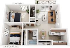 Two Bedroom One Bath 3D Floorplan at Normandy Village Apartments, Michigan City