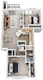 Two Bedroom, One Bath 3D Floor plan at North Pointe Apartments, Elkhart, IN