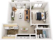 Spanish One Bedroom One Bathroom 3D Floor Plan at Old Monterey Apartments, Missouri, 65807