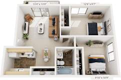 Spanish Two Bedroom 3D Floor Plan at Old Monterey Apartments, Springfield, MO, 65807
