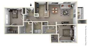 Two bedroom 3D floor plan with walk-in closets at Badger Canyon Apartments, Kennewick, Washington