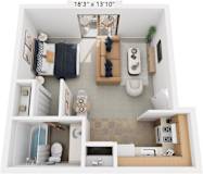 Studio 3D Floor Plan at Seville Apartments, Kalamazoo