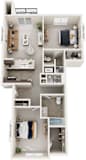 Two Bedroom 3D floor plan at Strathmore Apartment Homes in West Des Moines, IA