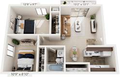 Two Bedroom 3D Floor Plan at Swiss Valley Apartments, Wyoming, 49509
