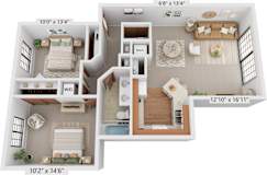 Two Bedroom Birchwood Deluxe 3D Floor Plan at Tanglewood Apartments, Oak Creek, Wisconsin