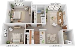 Two Bedroom Mulberry 3D Floor Plan at Tanglewood Apartments, Oak Creek, 53154