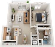 Modified One Bedroom 3D Floor Plan at West Wind Apartments, Fort Wayne, Indiana