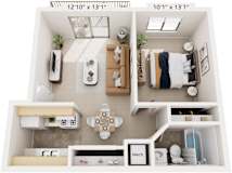 One Bedroom Standard 3D Floor Plan at West Wind Apartments, Indiana, 46808