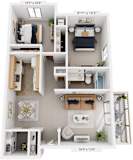 Seville Two Bedroom 3D Floor Plan at West Wind Apartments, Fort Wayne