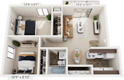 2 Bedroom standard 3D Floor Plan at West Wind Apartments, Fort Wayne, 46808