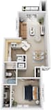 One Bedroom, One Bath 3D Floor Plan at Windmill Lakes Apartments, Holland, Michigan