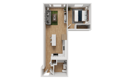 3D floor plan with one bedroom layout at Noda Apartments, Washington, 98101