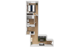 3D floor plan with bedroom bathroom and living space at Noda Apartments, Seattle, WA 98101