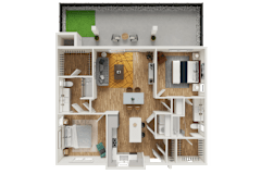3D floor plan with two bedrooms and open living area at Estia Roseville Apartments, Roseville, CA 95747