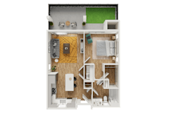 3D floor plan with one bedroom and living area at Estia Roseville Apartments, Roseville, CA