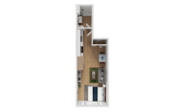 3D floor plan with bedroom bathroom and living area at Noda Apartments, Seattle, 98101