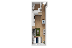 3D floor plan with open living and bedroom layout at Noda Apartments, Seattle, Washington