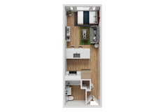 3D floor plan with studio apartment layout at Noda Apartments, Seattle