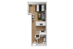 3D floor plan of studio apartment layout at Noda Apartments, Washington