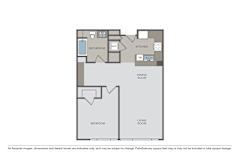 One bedroom apartment floor plan with open dining area at The Grand Apartments, Oakland, California
