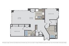 Two bedroom two bathroom floor plan with combined living dining area at The Grand Apartments, Oakland, CA 94612