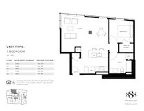 A black and white image of a floor plan for a 1 bedroom apartment.
