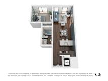 A floor plan of a small apartment with a kitchen, living room, and two bedrooms.