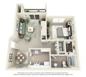 A 3D floor plan of a house with a living room, kitchen, dining room, and bathrooms.