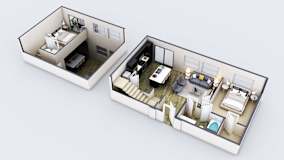 A 3D floor plan of a two bedroom apartment.
