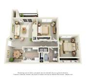 A 3D floor plan of a house with a kitchen, living room, and two bedrooms.