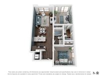 A floor plan of an apartment with a living room, kitchen, dining area, and bedrooms.
