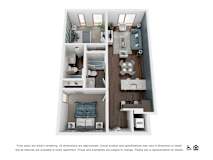 A floor plan of a small apartment with a bedroom, living room, and kitchen.