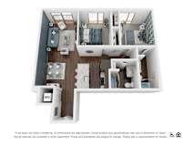 A floor plan of an apartment with a kitchen, living room, bedrooms and bathrooms.