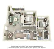 A 3D floor plan of a house with multiple rooms and furniture.