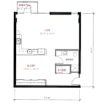 A floor plan of a small apartment with a living room, sleeping area, and bathroom.
