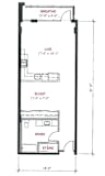 A floor plan of a small apartment with a sleeping area, a living area, and a washroom.
