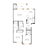 A floor plan of a house with a living room, dining room, kitchen, two bathrooms, and two bedrooms.