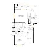 A floor plan of a house with a living room, dining room, kitchen, two bedrooms, a bath, and a walk-in closet.