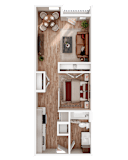 A top-down view of a small apartment with a kitchen, living room, and bedroom.