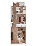 A top-down view of a small apartment with a bedroom, living room, and kitchen.