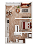 A top-down view of a small apartment with a kitchen, living room, and bathroom.
