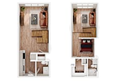 Two images of a small apartment with a kitchen, living room, and bedroom.