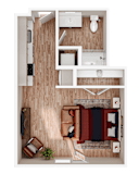 A top-down view of a room with a couch, chairs, and a table.