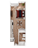 A top-down view of a small, neatly organized apartment with a kitchen area.