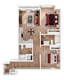 A top-down view of a small apartment with a kitchen, living room, and bathroom.