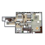 A floor plan of a house with a living room, dining room, kitchen, and two bedrooms.