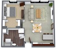 A top-down view of a living room with a dining area and kitchen.