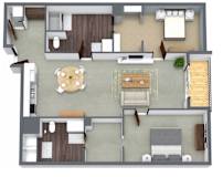 A top-down view of a house layout with a dining area, living room, and kitchen.